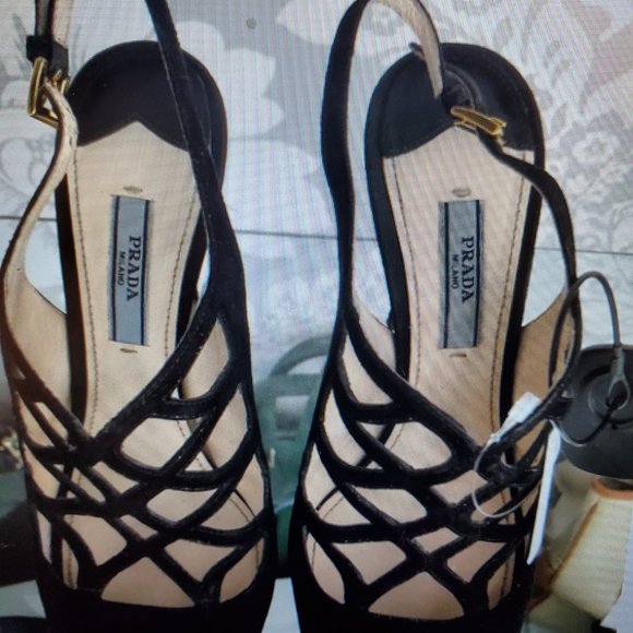 Prada Black Suede Peep-Toe Platform Heels | Ankle Strap Sandals - Picture 8 of 8